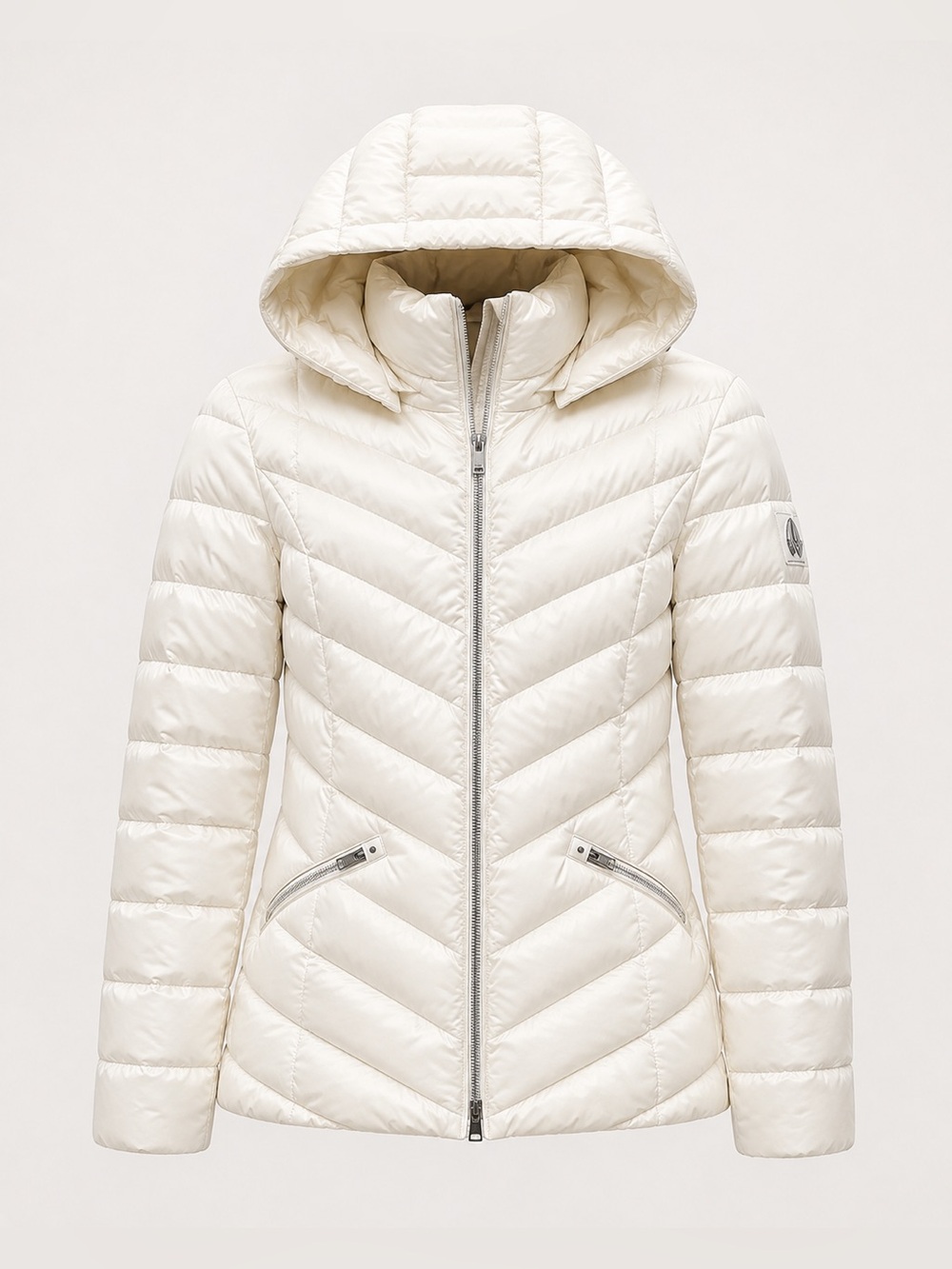 Moose Knuckles White Hooded Down Puffer Jacket Chevron Quilted Size XS